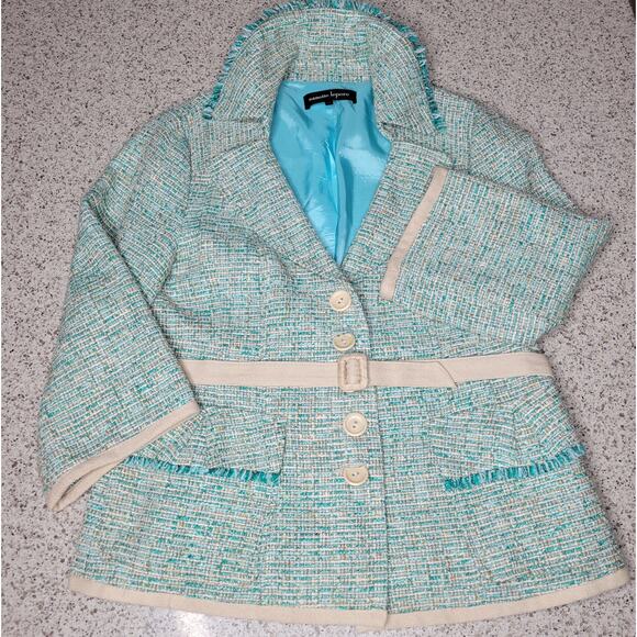 VTG Nanette Lepore Tweed 3/4 Sleeve Turquoise Fringe Jacket Blazer Belt Y2K✨️12 - Picture 1 of 16